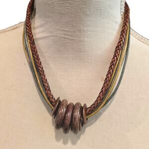 Chico's Necklace Chicos Leather Wood Multicolor Donut Beads Collar 17" SKU2893